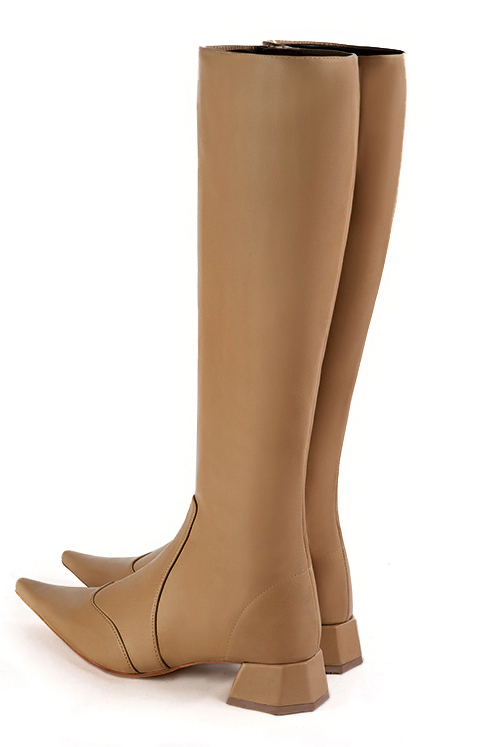 Camel beige women's feminine knee-high boots. Pointed toe. Low flare heels. Made to measure. Rear view - Florence KOOIJMAN